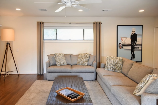 2542 Woodmere Dr, Dallas, TX 75233 - living room featuring a ceiling fan, wood finished floors, and recessed lighting