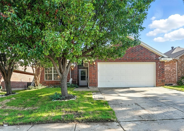 9212 Bedford Ln, Mckinney, TX 75071 - obstructed view of property featuring an attached garage, driveway, brick siding, and a front yard
