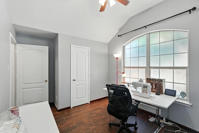9212 Bedford Ln, Mckinney, TX 75071 - home office with vaulted ceiling, a ceiling fan, and dark wood finished floors