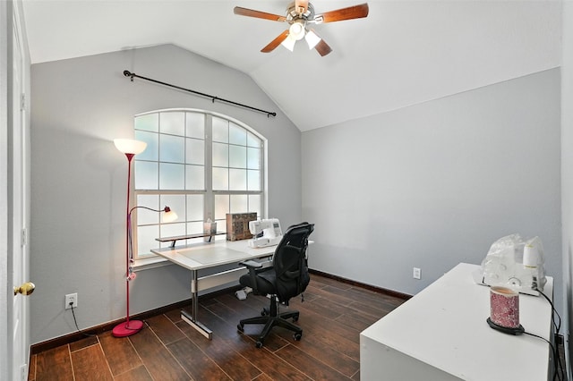 9212 Bedford Ln, Mckinney, TX 75071 - office space featuring a ceiling fan, vaulted ceiling, and wood finished floors