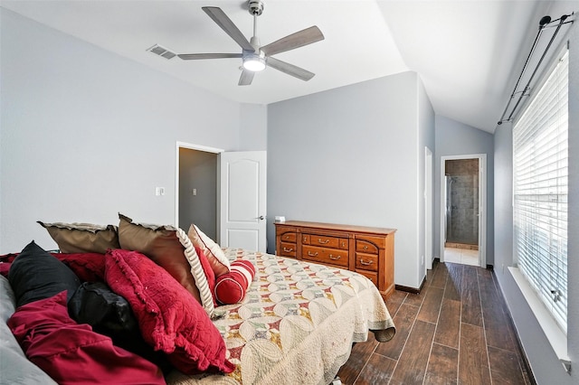 9212 Bedford Ln, Mckinney, TX 75071 - bedroom with dark wood-style flooring, lofted ceiling, ceiling fan, and ensuite bathroom