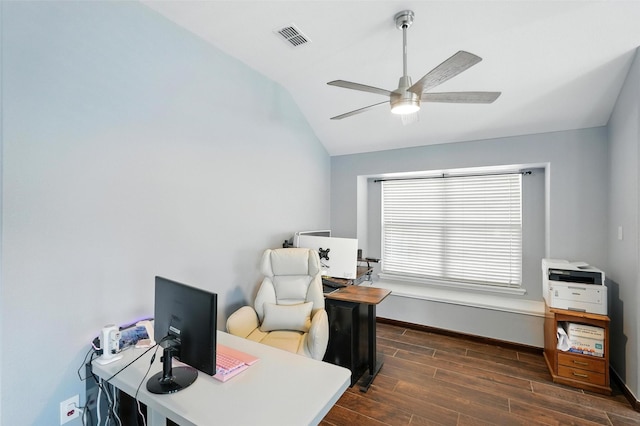 9212 Bedford Ln, Mckinney, TX 75071 - office space with ceiling fan, dark wood-style floors, and lofted ceiling