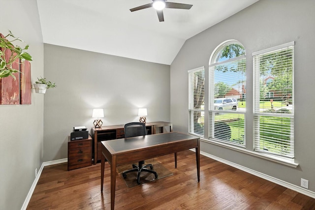 4321 Hazy Meadow Ln, Grapevine, TX 76051 - office area with ceiling fan, vaulted ceiling, and wood finished floors