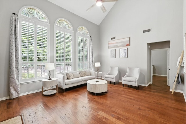 4321 Hazy Meadow Ln, Grapevine, TX 76051 - living area with hardwood / wood-style floors, ceiling fan, and high vaulted ceiling