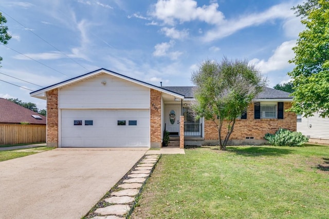 4737 Lawler Rd, Garland, TX 75042 - ranch-style house with brick siding, concrete driveway, a front yard, and an attached garage