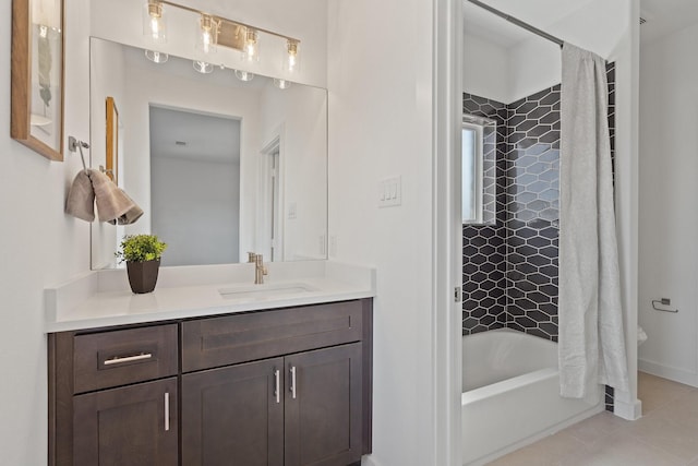 2142 Oak Haven Ct, Garland, TX 75044 - bathroom with vanity, tile patterned flooring, and shower / bathtub combination with curtain