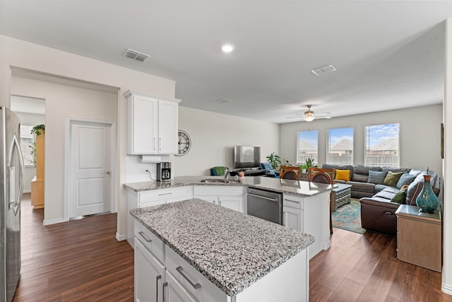 4917 Woodloch Dr, Princeton, TX 75407 - kitchen featuring open floor plan, a peninsula, appliances with stainless steel finishes, dark wood-style flooring, and recessed lighting
