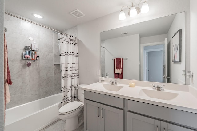 2420 Stella Ln, Northlake, TX 76247 - bathroom featuring double vanity, shower / tub combo, tile patterned floors, and recessed lighting