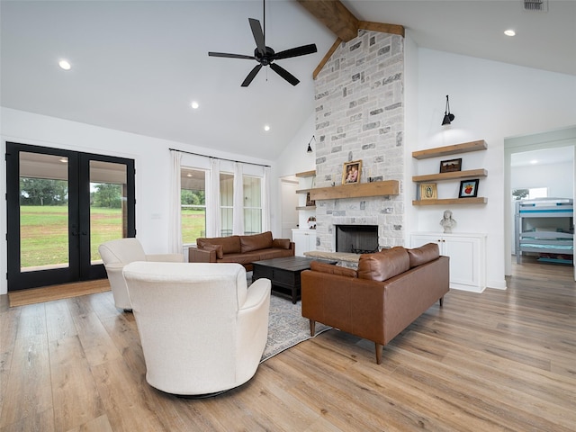 16652 Caeli Heights Ct, Winona, TX 75792 - living area with high vaulted ceiling, ceiling fan, light wood-style flooring, french doors, and beam ceiling