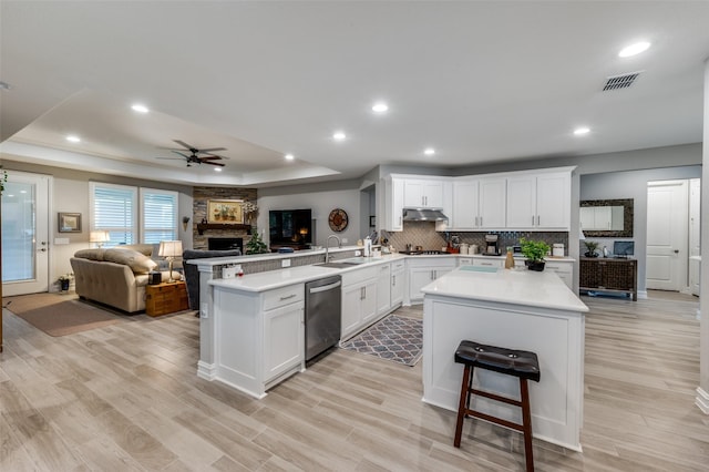 1116 Cornerstone Dr, Little Elm, TX 76227 - kitchen featuring dishwasher, open floor plan, a ceiling fan, a peninsula, and under cabinet range hood