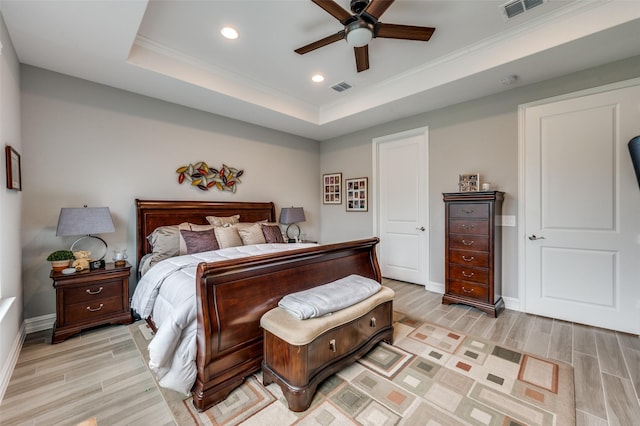 1116 Cornerstone Dr, Little Elm, TX 76227 - bedroom featuring light wood-type flooring, recessed lighting, a raised ceiling, crown molding, and ceiling fan