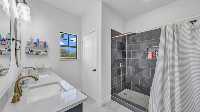 1381 County Road 1470, Chico, TX 76431 - bathroom with double vanity, tiled shower, and marble look tiles