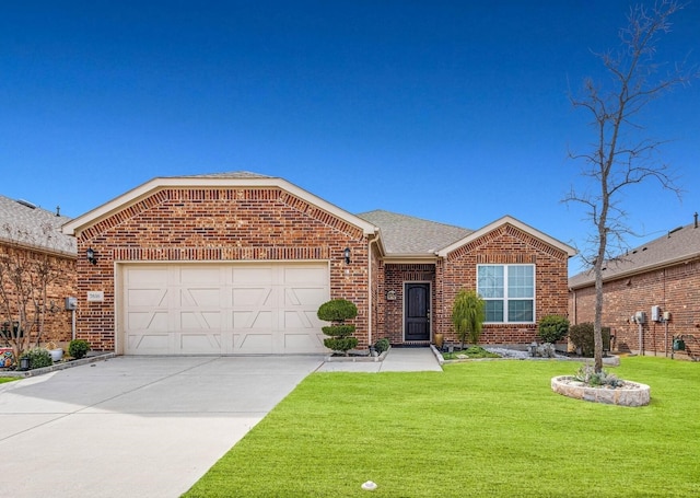 7616 Heritage Dr, Little Elm, TX 76227 - view of front of property with brick siding, a front yard, an attached garage, concrete driveway, and a shingled roof