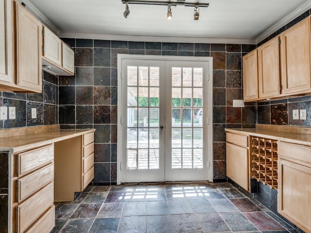 3836 Diamond Loch E, North Richland Hills, TX 76180 - kitchen with light brown cabinetry, french doors, ornamental molding, and light countertops