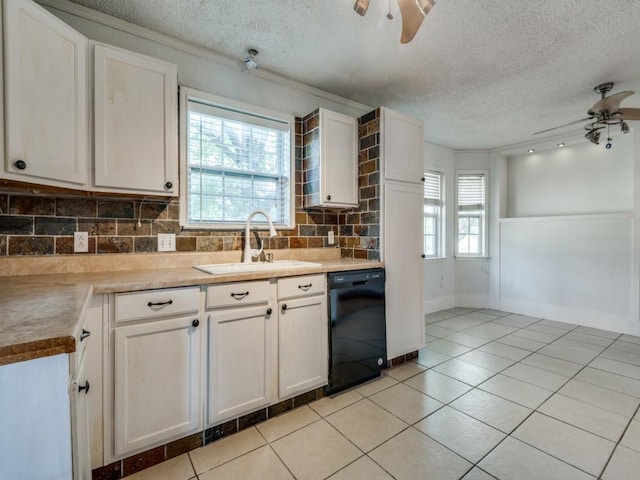 3836 Diamond Loch E, North Richland Hills, TX 76180 - kitchen with dishwasher, ceiling fan, a textured ceiling, backsplash, and white cabinetry