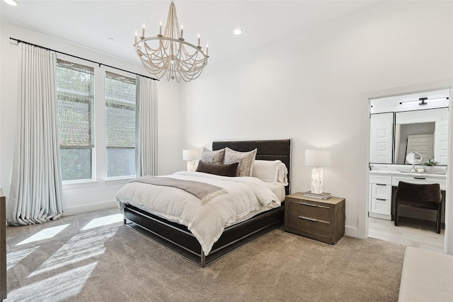 354 Foch St, Fort Worth, TX 76107 - bedroom featuring a chandelier, recessed lighting, and light colored carpet