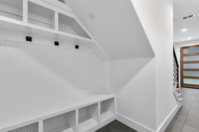 354 Foch St, Fort Worth, TX 76107 - mudroom featuring dark tile patterned floors and recessed lighting