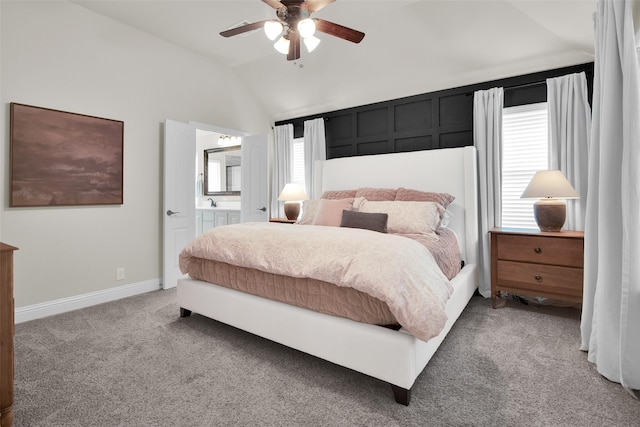 513 Endicott Dr, Sherman, TX 75092 - carpeted bedroom featuring vaulted ceiling, connected bathroom, and ceiling fan