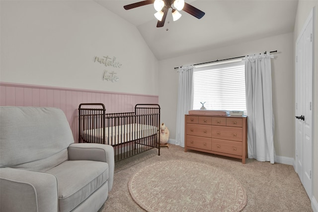513 Endicott Dr, Sherman, TX 75092 - bedroom with vaulted ceiling, a nursery area, light colored carpet, and a ceiling fan