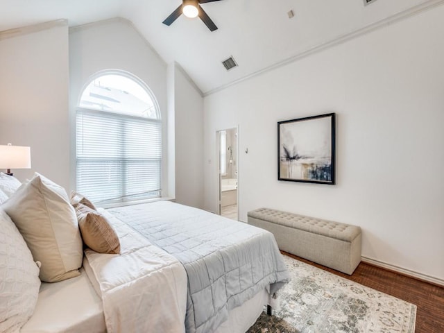 1728 Forest Glen Dr, Flower Mound, TX 75028 - bedroom featuring wood finished floors, lofted ceiling, a ceiling fan, and ensuite bath