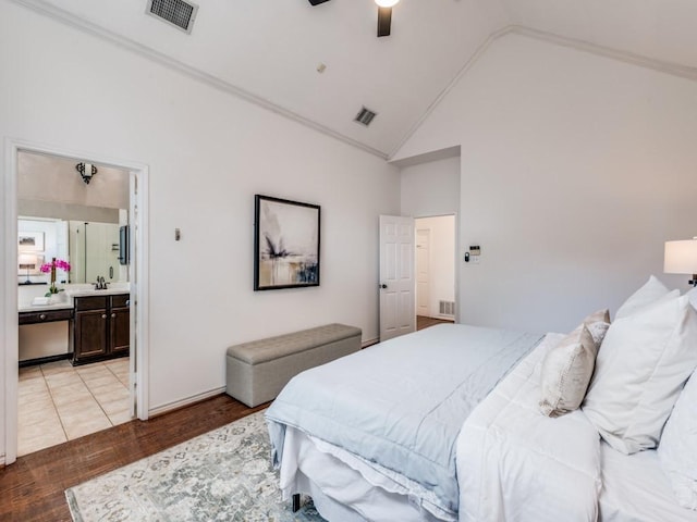 1728 Forest Glen Dr, Flower Mound, TX 75028 - bedroom featuring light wood-style floors, high vaulted ceiling, ensuite bathroom, a ceiling fan, and ornamental molding
