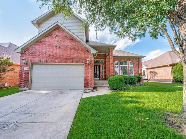 1728 Forest Glen Dr, Flower Mound, TX 75028 - traditional-style home with brick siding, a front lawn, driveway, a garage, and a shingled roof