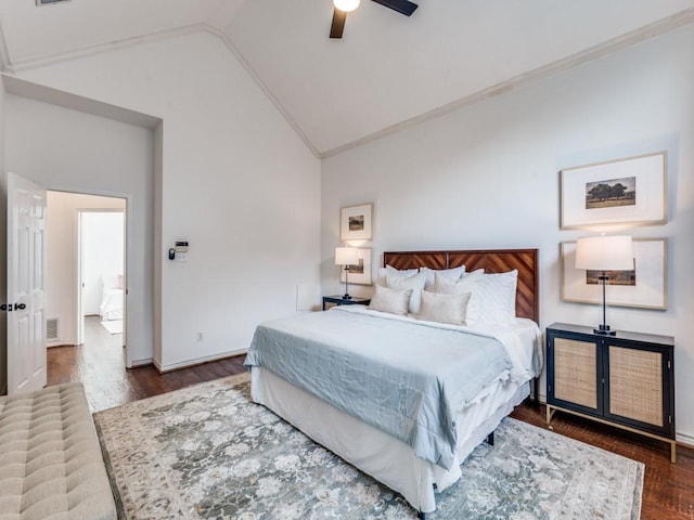 1728 Forest Glen Dr, Flower Mound, TX 75028 - bedroom featuring wood finished floors, lofted ceiling, crown molding, and ceiling fan