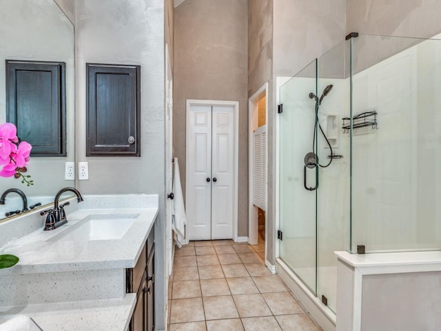 1728 Forest Glen Dr, Flower Mound, TX 75028 - full bath with a stall shower, vanity, tile patterned flooring, and a closet