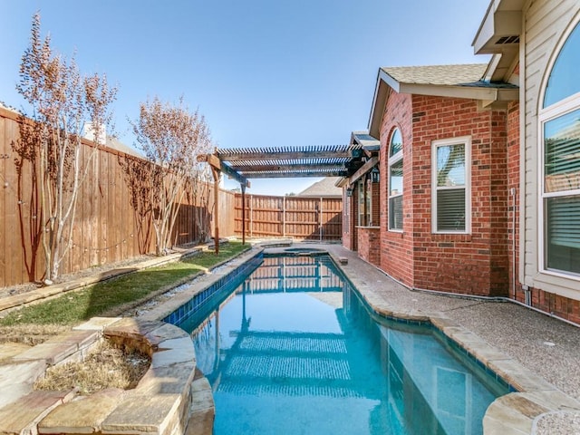 1728 Forest Glen Dr, Flower Mound, TX 75028 - view of swimming pool featuring a fenced backyard, a pergola, and a pool with connected hot tub