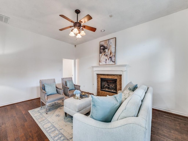 1728 Forest Glen Dr, Flower Mound, TX 75028 - living room with a ceiling fan, wood finished floors, and a tiled fireplace