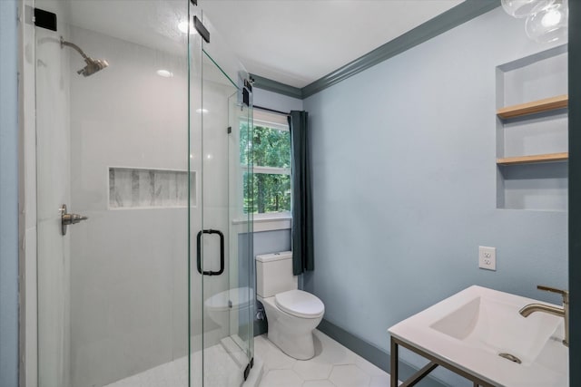213 N Oaks Dr, Grand Saline, TX 75140 - full bathroom with a shower stall, crown molding, tile patterned flooring, and vanity