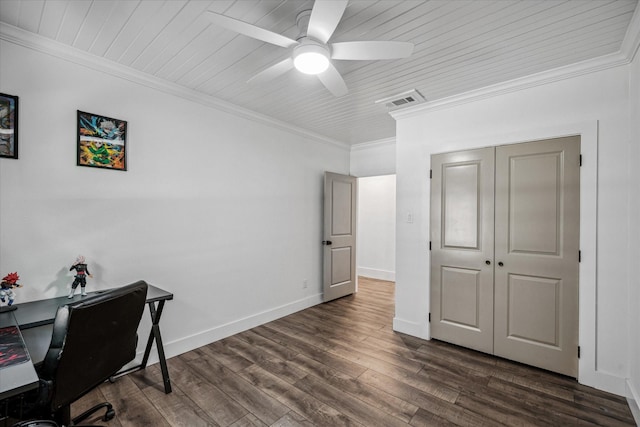 213 N Oaks Dr, Grand Saline, TX 75140 - office space featuring a ceiling fan, dark wood finished floors, wooden ceiling, and crown molding