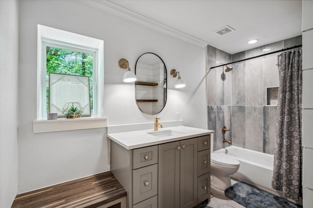 213 N Oaks Dr, Grand Saline, TX 75140 - full bathroom featuring vanity, ornamental molding, and shower / bathtub combination with curtain
