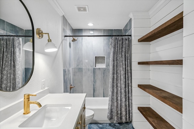 213 N Oaks Dr, Grand Saline, TX 75140 - bathroom featuring vanity, shower / bathtub combination with curtain, and ornamental molding