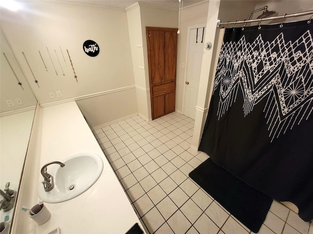 800 County Road 1030, Mount Pleasant, TX 75455 - full bathroom with tile patterned flooring, curtained shower, vanity, and ornamental molding