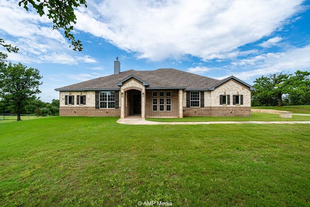 408 Lake Arbor Dr, Weatherford, TX 76088 - view of front of property featuring a front lawn, brick siding, a chimney, and stone siding