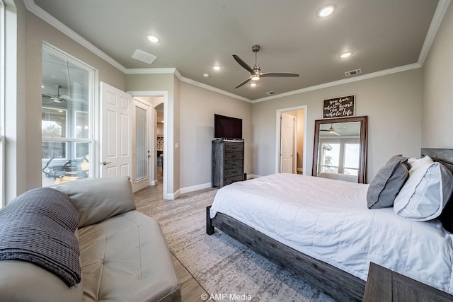 408 Lake Arbor Dr, Weatherford, TX 76088 - bedroom featuring light wood finished floors, recessed lighting, crown molding, and ceiling fan