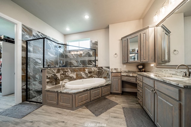 408 Lake Arbor Dr, Weatherford, TX 76088 - full bath with a bath, a stall shower, vanity, and wood finished floors