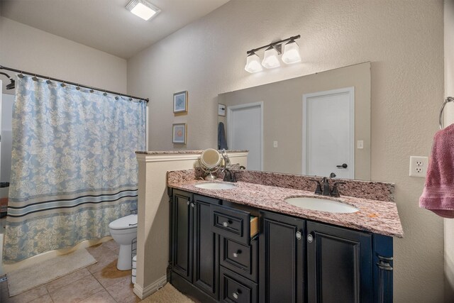3120 Michele Ct, Weatherford, TX 76088 - full bath featuring double vanity, tile patterned floors, and a shower with shower curtain