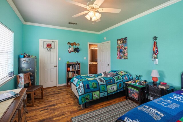 3120 Michele Ct, Weatherford, TX 76088 - bedroom with multiple windows, wood finished floors, ornamental molding, and a ceiling fan