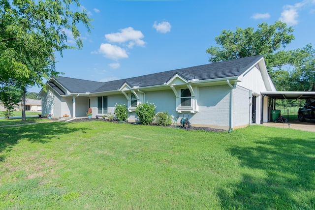 201 Roaring Springs Dr, Joshua, TX 76058 - ranch-style home with a front yard, brick siding, and an attached carport
