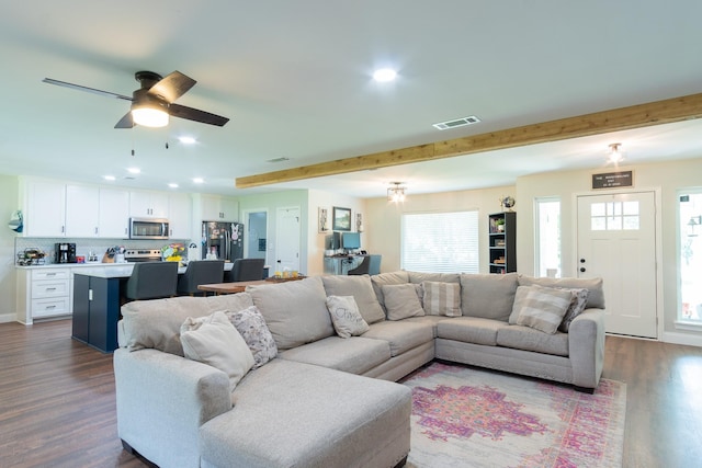201 Roaring Springs Dr, Joshua, TX 76058 - living room featuring plenty of natural light, dark wood-style floors, beamed ceiling, recessed lighting, and a ceiling fan