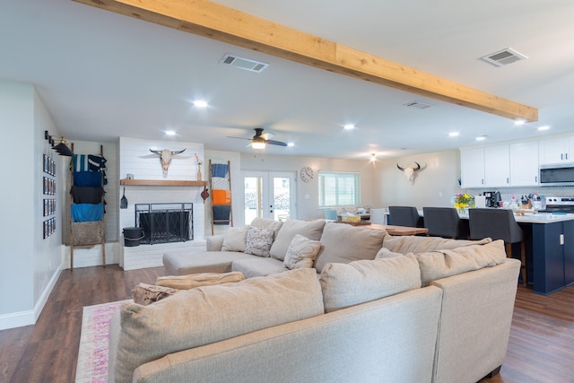 201 Roaring Springs Dr, Joshua, TX 76058 - living area with beam ceiling, recessed lighting, dark wood-style flooring, and a brick fireplace