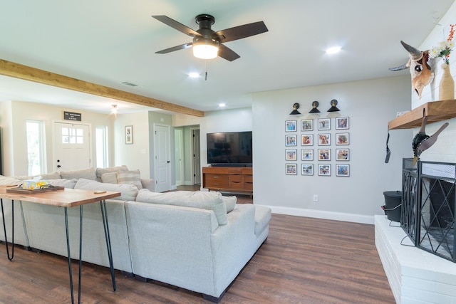 201 Roaring Springs Dr, Joshua, TX 76058 - living area featuring dark wood-style flooring, ceiling fan, recessed lighting, and beam ceiling