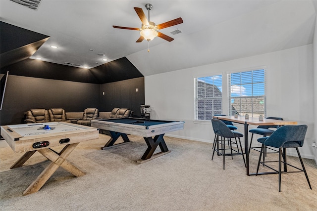 2010 Topaz Dr, Rockwall, TX 75087 - playroom with light colored carpet, a ceiling fan, vaulted ceiling, and pool table