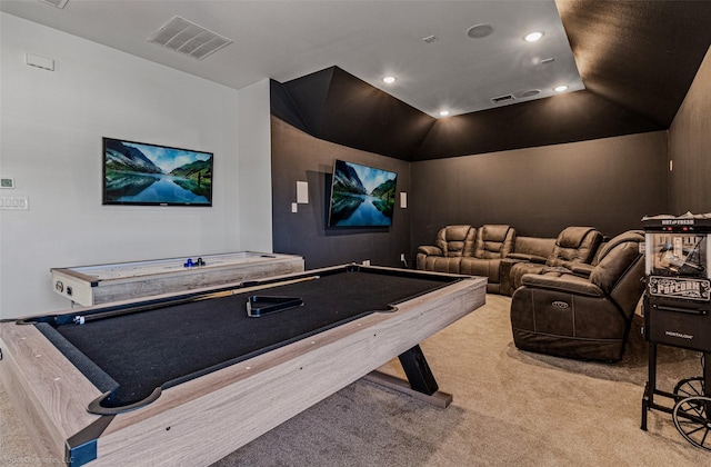 2010 Topaz Dr, Rockwall, TX 75087 - rec room featuring carpet, pool table, vaulted ceiling, and recessed lighting