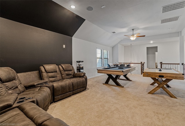2010 Topaz Dr, Rockwall, TX 75087 - recreation room with carpet flooring, lofted ceiling, ceiling fan, and billiards table