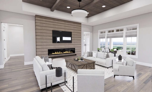 TBDSinclair W Highway 199, Poolville, TX 76487 - living area with a wood ceiling with exposed beams, a glass covered fireplace, wood finished floors, a raised ceiling, and recessed lighting