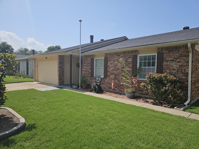 1010 California Trl, Grand Prairie, TX 75052 - ranch-style home with driveway, an attached garage, a front yard, and brick siding