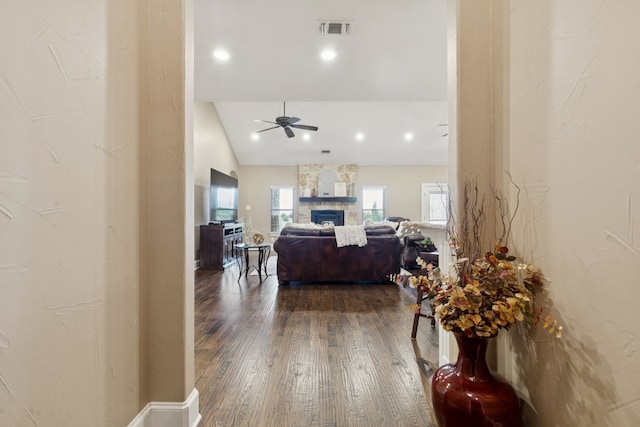 320 Tate Cir, Sherman, TX 75090 - living room with ceiling fan, dark wood finished floors, lofted ceiling, a fireplace, and recessed lighting